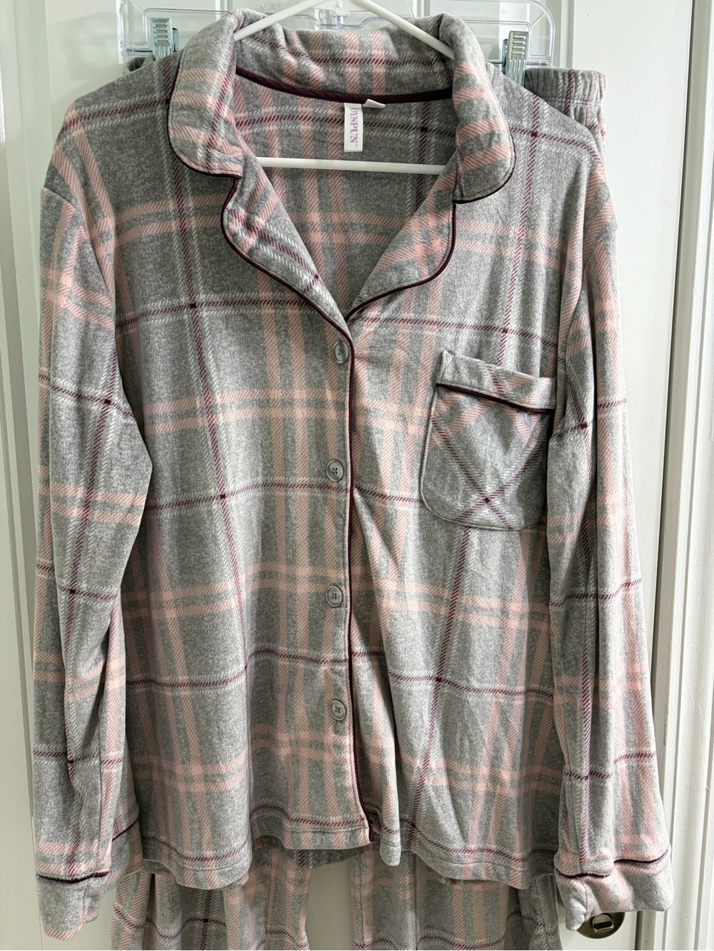 Joyspun Women’s Stretch Velour Plaid Fleece Pajama Set Pink & Gray XL - Picture 5 of 10